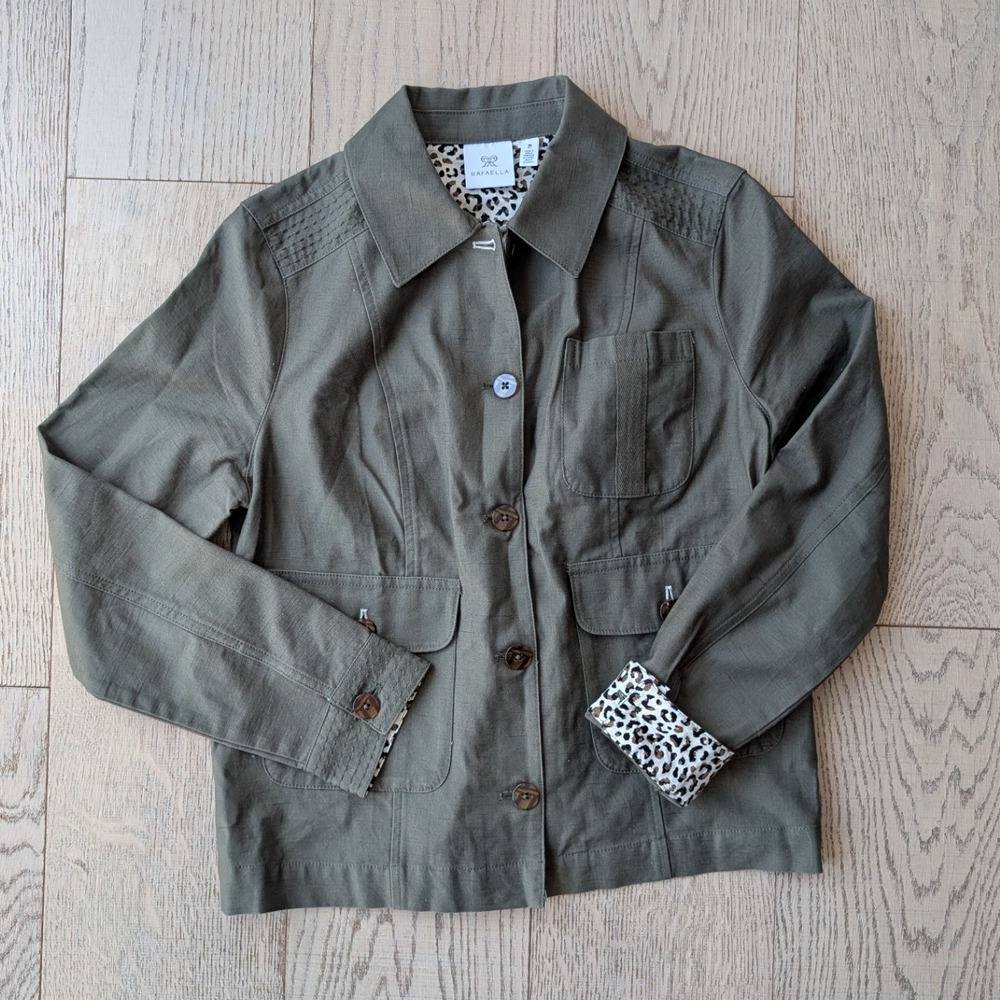 Rafaella Olive Green Safari Jacket Women's M Animal‎ Print Lining Layering